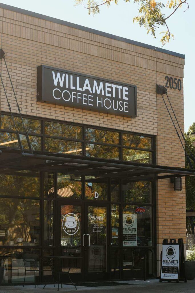 Exterior of Willamette Coffee House near Little Nestlings in the Willamette neighborhood of West Linn
